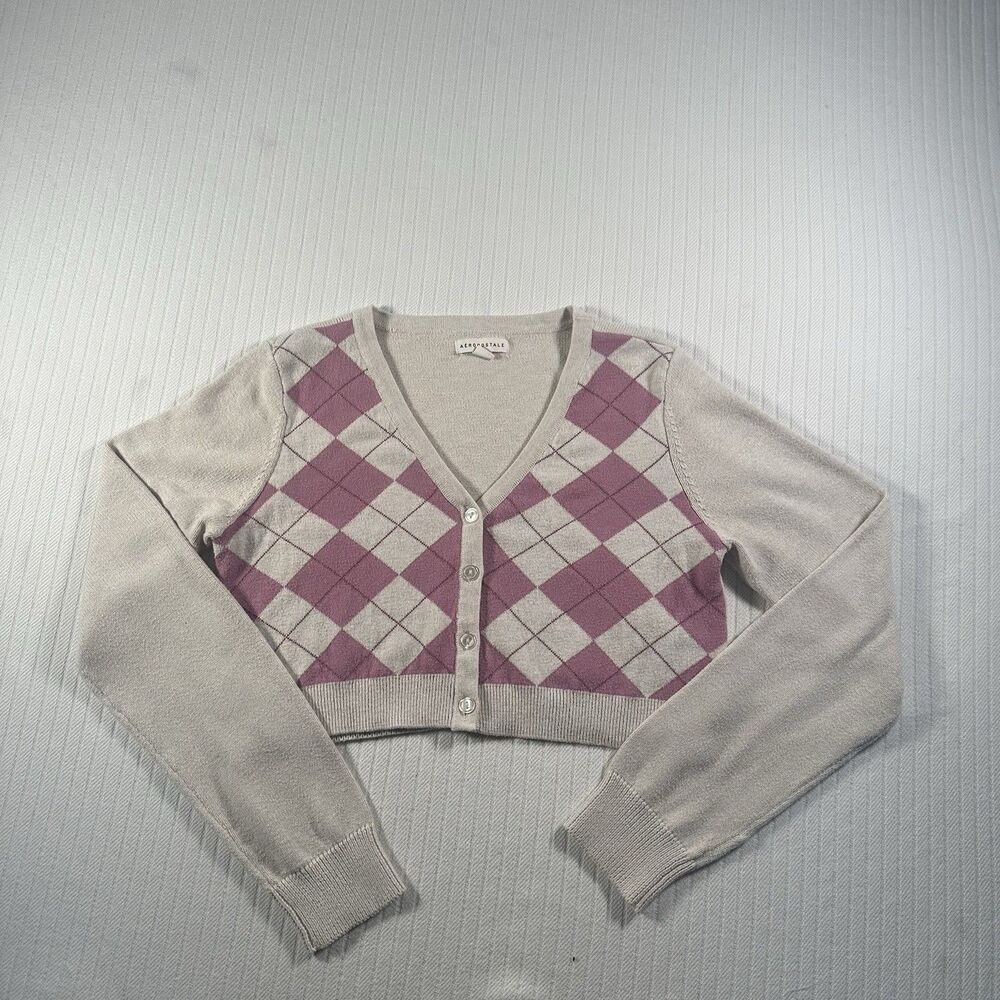 Aeropostale Women’s Large Cropped Cardigan Argyle Pink Beige Button Front Preppy